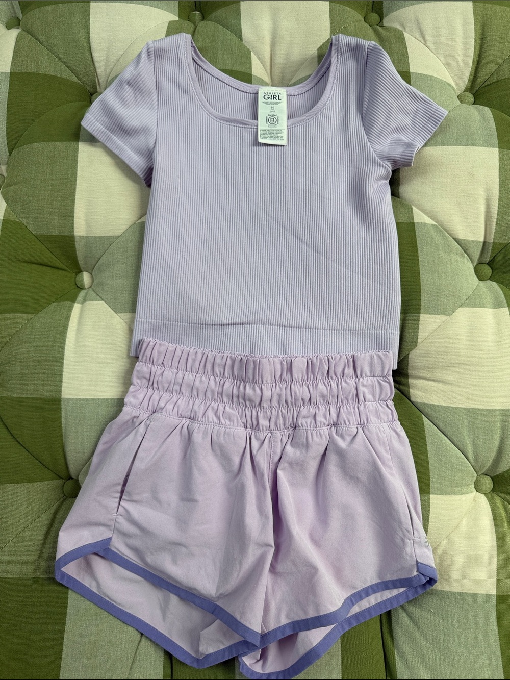 Athleta Girls 6/7 Lilac Ribbed Short Sleeve Top & Smocked Waist Shorts